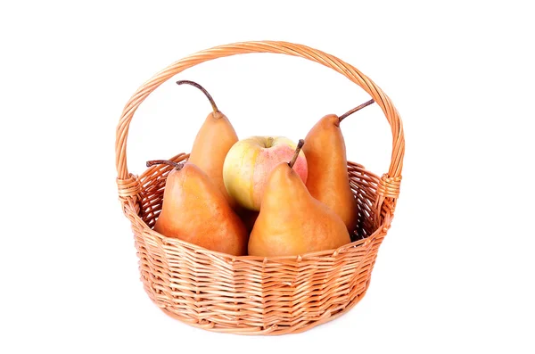 Wicker basket with fresh fruit isolated on a white — Stock Photo, Image