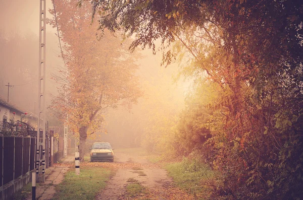 Vintage photo of a village street on a foggy day — Stock Photo, Image