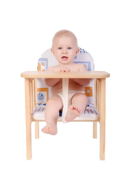 Imádnivaló baba fiú vár élelmiszer széke — Stock Fotó