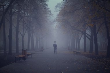 Sisli parkta yürüyen adam