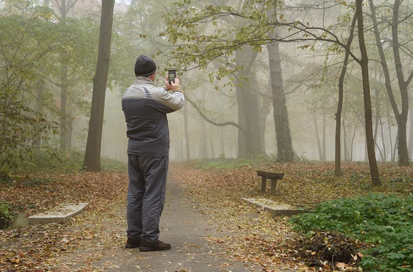 Man take a picture with his phone in the forest — Stock Photo, Image