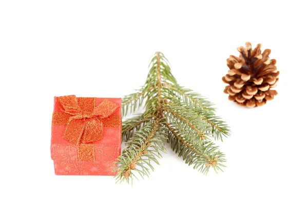 Pine branch with cone and gift box — Stock Photo, Image