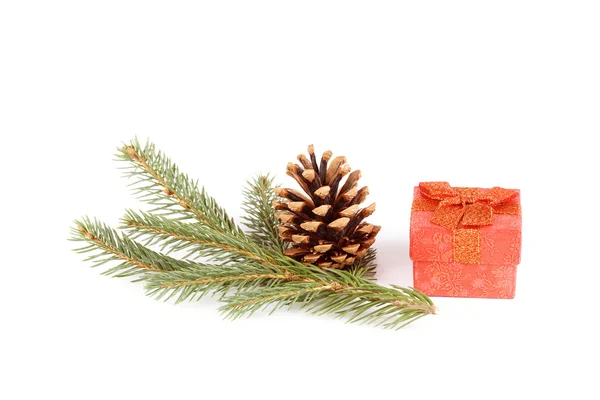 Pine branch with cone and gift box — Stock Photo, Image
