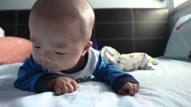 Asian Chinese Baby Boy Laying Bed Doing Tummy Time Lifestyle — Stock Video