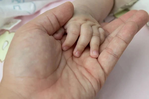 Pai Segurando Mão Menino Recém Nascido Pai Cuidar Seu Filho — Fotografia de Stock