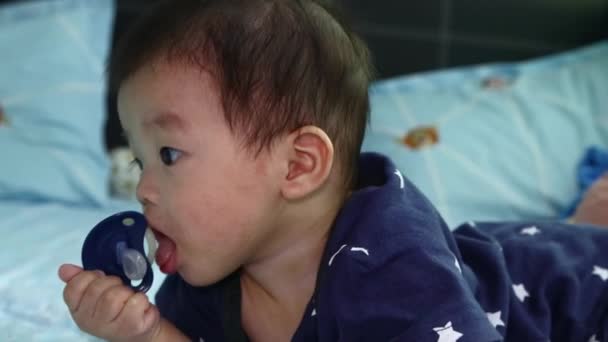 Local Lifestyle Month Chinese Baby Boy Playing His Pacifier — Stock Video