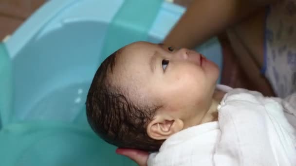 Chinese Asian Mother Wipe Face Adorable Baby Using Clean Handkerchief — Stock Video