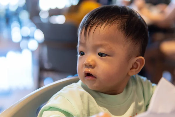 Πορτρέτο Εικόνα Του Χαριτωμένο Ασιατικό Αγοράκι Καρέκλα Μωρού Στο Εστιατόριο — Φωτογραφία Αρχείου