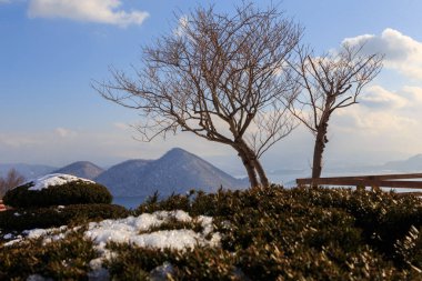 Güzel kış manzarası, kar altında kış ormanı, yolda toz kar, Hokkaido Japon manzarası içeriden araba manzarası.