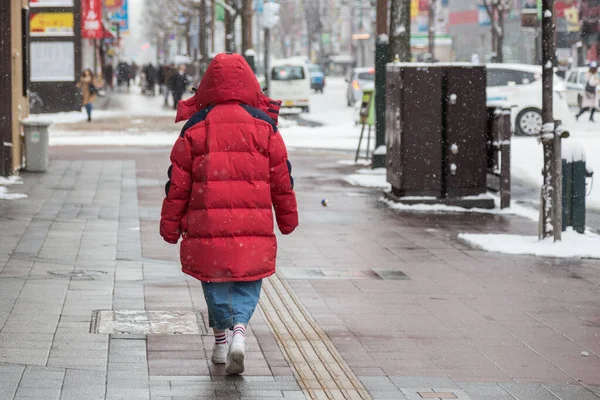 Sapporo Japonia Grudnia 2017 Niezidentyfikowani Piesi Spacerują Mieście Sapporo Noszą — Zdjęcie stockowe