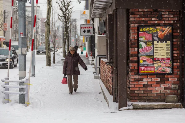 Sapporo Japonia Grudnia 2017 Niezidentyfikowani Piesi Spacerują Mieście Sapporo Noszą — Zdjęcie stockowe