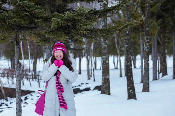 Beautiful Happy Young Asia Chinese Girl Winter Snowy Day Outdoors — Stock Photo, Image