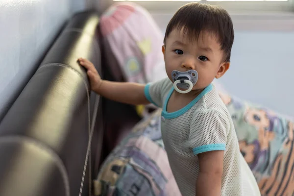 Portrait Image Cute Baby Boy Sucking Pacifier Lying Bed — Stock Photo, Image