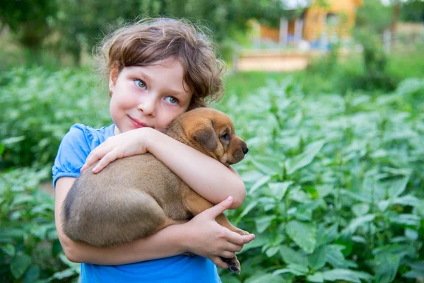 A karjában egy kiskutya kislány — Stock Fotó