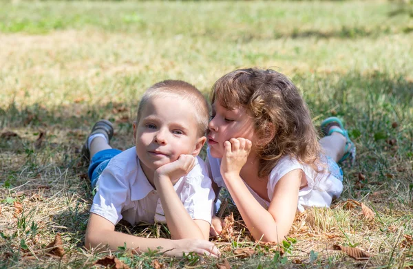 Menino e a menina jazem juntos em uma grama — Fotografia de Stock