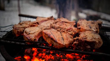 Ateşte kızartılmış bifteklerin yakın çekimi. Kışın açık havada barbekü..