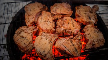 Ateşte kızartılmış bifteklerin yakın çekimi. Kışın açık havada barbekü..