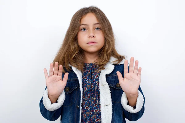 Serious Little Caucasian Girl Beautiful Blue Eyes Wearing Denim Jacket — Stock Photo, Image