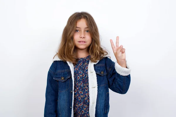 Little Caucasian Girl Beautiful Blue Eyes Wearing Denim Jacket Standing — Stock Photo, Image