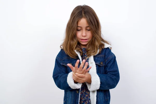 Little Caucasian Girl Beautiful Blue Eyes Wearing Denim Jacket Standing — Stock Photo, Image