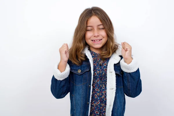 Little Caucasian Girl Beautiful Blue Eyes Wearing Denim Jacket Standing — Stock Photo, Image