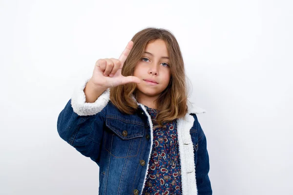 Little Caucasian Girl Beautiful Blue Eyes Wearing Denim Jacket Standing — Stock Photo, Image