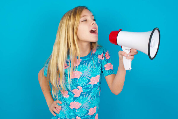 Funny MODEL People sincere emotions lifestyle concept. Mock up copy space. Screaming in megaphone.