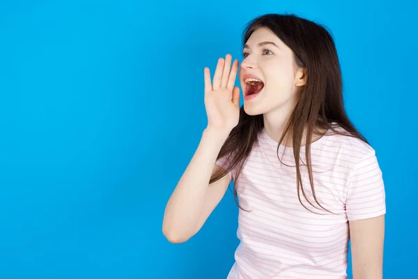 Young Brunette Woman Look Empty Space Holding Hand Her Face — ストック写真