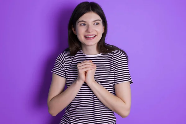 Happy Young Brunette Woman Anticipates Something Awesome Happen Looks Happily — ストック写真