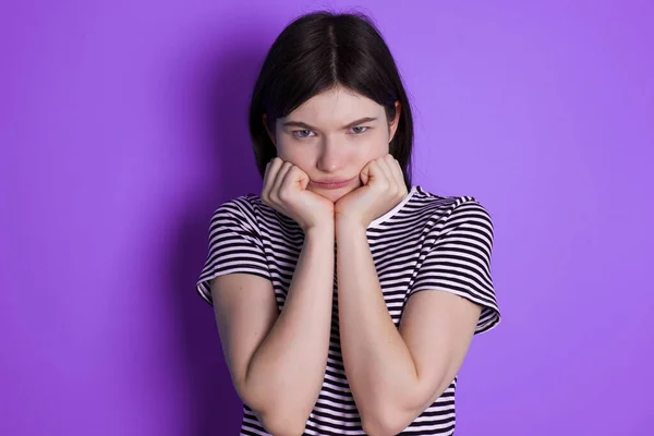 Portrait Sad Young Brunette Woman Hands Face — ストック写真