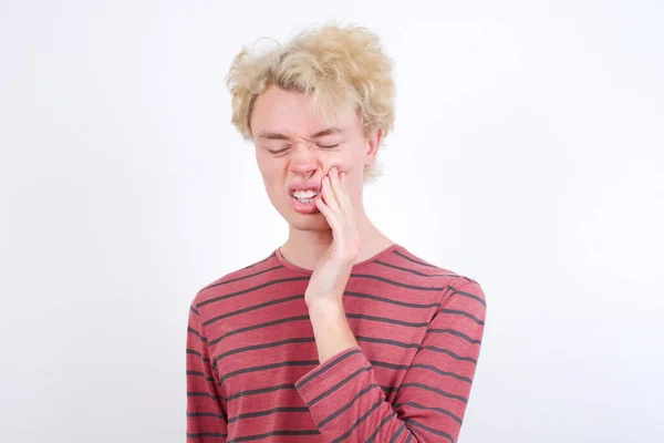 Young Blond Man Touching Mouth Hand Painful Expression Because Toothache — Φωτογραφία Αρχείου