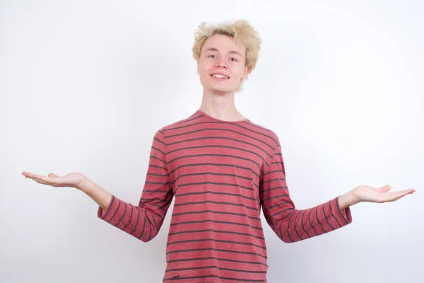 Cheerful Cheery Optimistic Young Blond Man Holding Two Palms Copy — Φωτογραφία Αρχείου