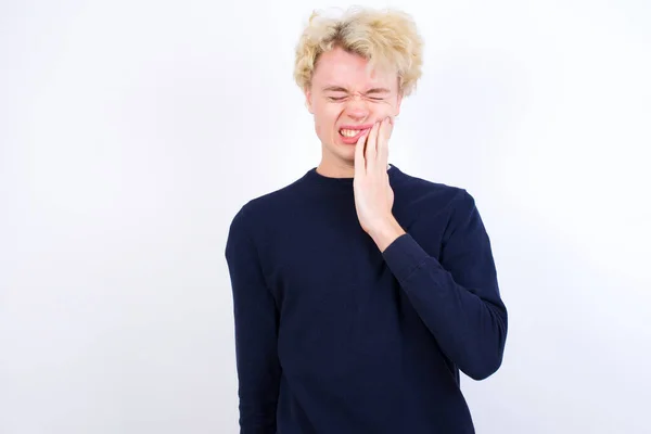 Young Blond Man Touching Mouth Hand Painful Expression Because Toothache — Φωτογραφία Αρχείου