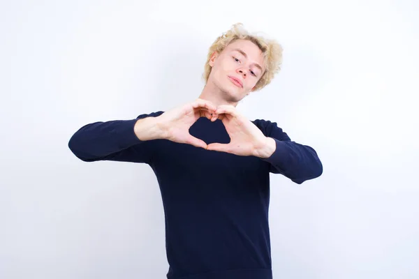 Young Caucasian Man Smiling Love Doing Heart Symbol Shape Hands — Stock Photo, Image