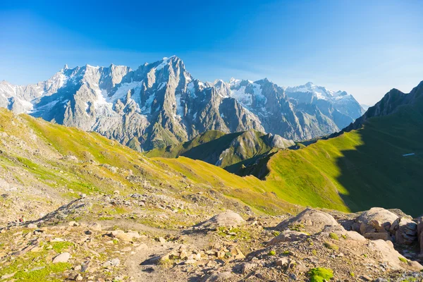 Majestoso Mont Blanc maciço e exuberante vale alpino verde — Fotografia de Stock