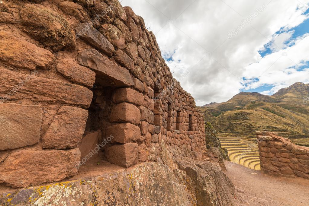 Inca terraces and walls in Pisac, Sacred Valley, Peru