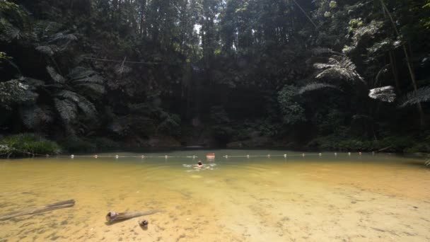 Žena plavání do ohromující vícebarevné přírodní bazén s malebným vodopád v pralese Lambir Hills National Park, Borneo, Malajsie. — Stock video
