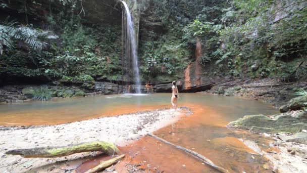 Casal nadando em uma impressionante piscina natural multicolorida com cachoeira cênica na floresta tropical do Parque Nacional Lambir Hills, Bornéu, Malásia . — Vídeo de Stock