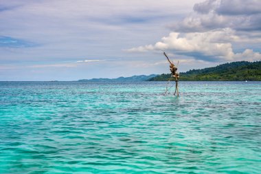 Şeffaf deniz, dramatik gökyüzü, uzak Malenge Plajı'nda geleneksel kültür ve yeşil orman, Togean Adaları, Sulawesi, Endonezya.