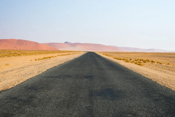 Camino que cruza el desierto de Namib, en el maravilloso Parque Nacional de Namib Naukluft, destino de viaje en Namibia, África. Luz de la mañana, niebla y niebla al amanecer . — Foto de Stock