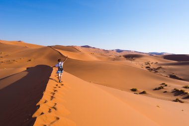 Tourist walking on the scenic dunes of Sossusvlei, Namib desert, Namib Naukluft National Park, Namibia. Afternoon light. Adventure and exploration in Africa. clipart