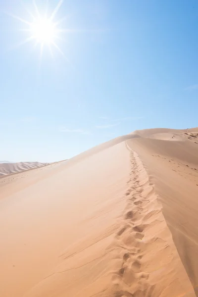 Cenic crestas de dunas de arena con huellas en Sossusvlei, Namib Naukluft National Park, mejor atracción turística y de viajes en Namibia. Aventura y exploración en África. Retroiluminación con estrella del sol . — Foto de Stock