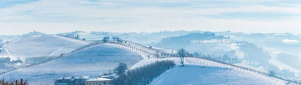 Italia Piamonte Hilera Viñedos Paisaje Único Invierno Con Nieve Pueblo — Foto de Stock