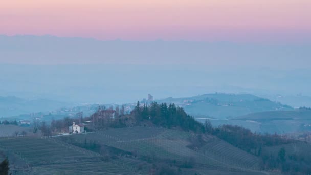 Zeitraffer Von Sonnenuntergang Bis Nacht Berühmte Barolo Weinberge Winter Mittelalterliches — Stockvideo