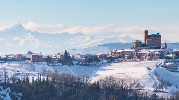 Pan Italien Piemonte Raden Vingårdar Unikt Landskap Vintern Med Snö — Stockvideo