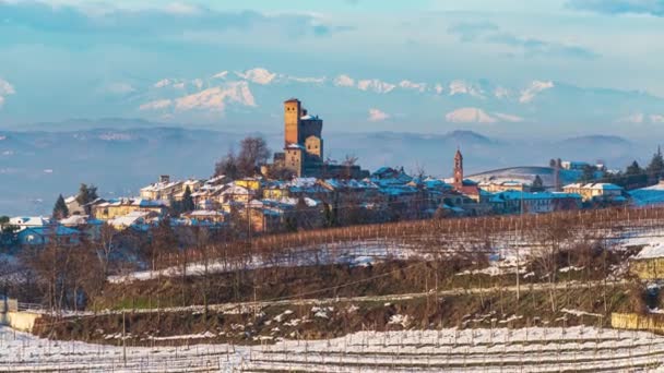Zoom Ιταλία Piedmont Πανοραμική Θέα Στο Χιόνι Χειμώνα Ναυπηγεία Κρασί — Αρχείο Βίντεο
