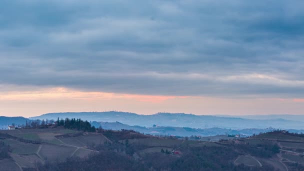 Pan Włochy Piemont Panoramiczny Zimowy Widok Śnieg Winnice Unikalny Krajobraz — Wideo stockowe