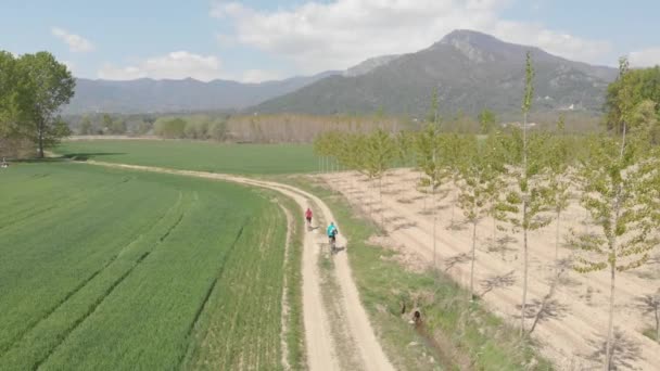 부부는 산악자전거를 비포장도로를 달리면서 눈덮인 산맥의 경치를 수있다 속에서 자전거를 — 비디오