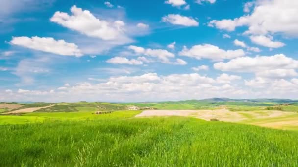 Zeitraffer Einzigartige Grüne Landschaft Orcia Valley Toskana Italien Landschaftliche Wolken — Stockvideo