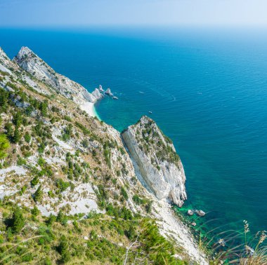 İki kız kardeşin plajı Conero 'nun eşsiz körfezinden görünüyor. Doğal park dramatik sahil kayalığı adriyatik deniz İtalya turkuaz şeffaf su.